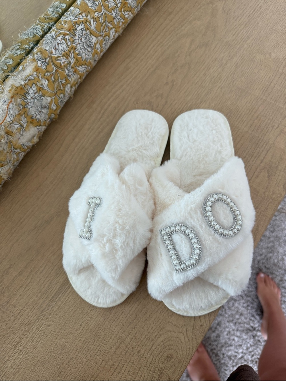 Bridal “I Do” Crystal Letter Fuzzy Slide Slippers - Ivory